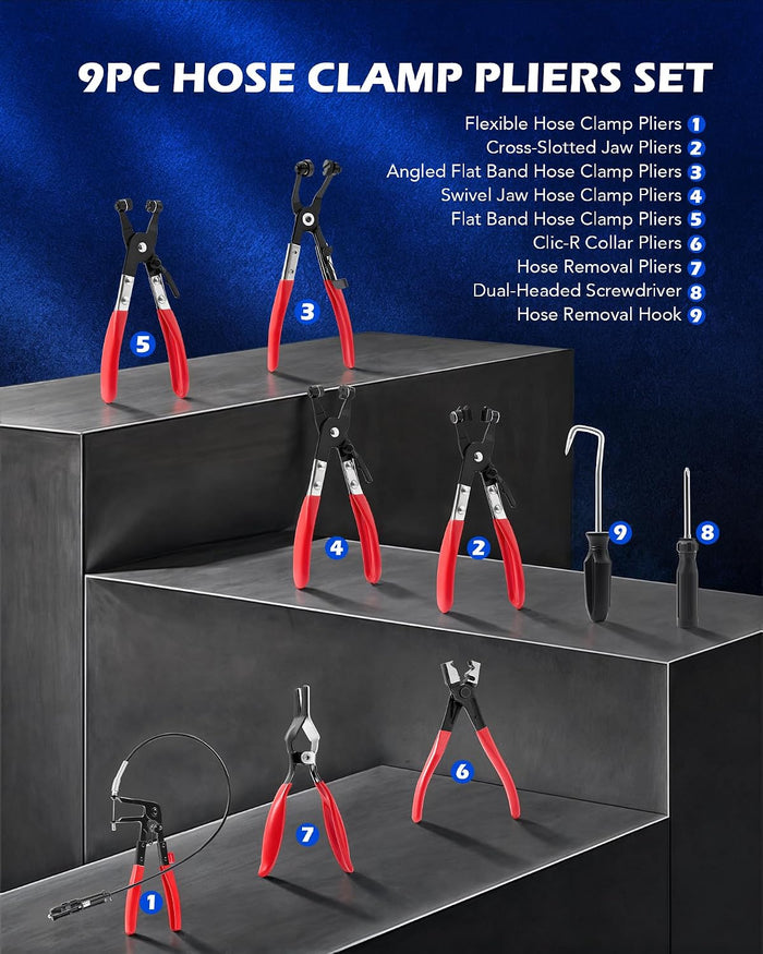 9 Piece Hose Clamp Plier Set For Fuel Oil Water Brake and Cooling FairTools