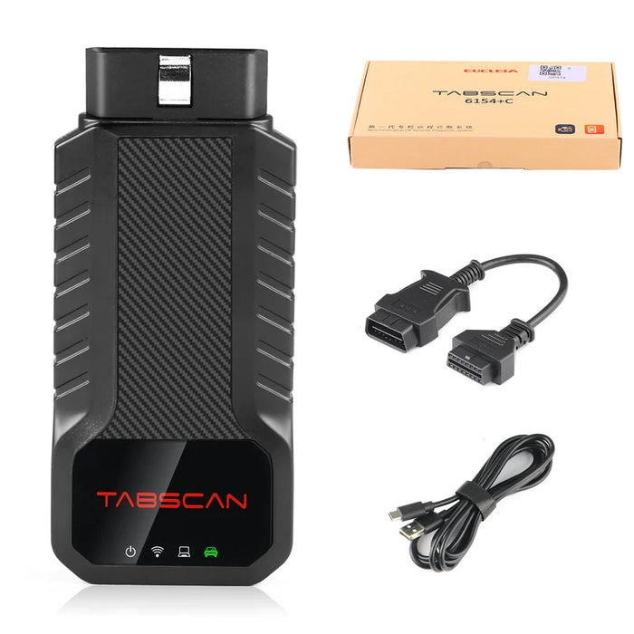 Car diagnostic tool with cable and box on a white background