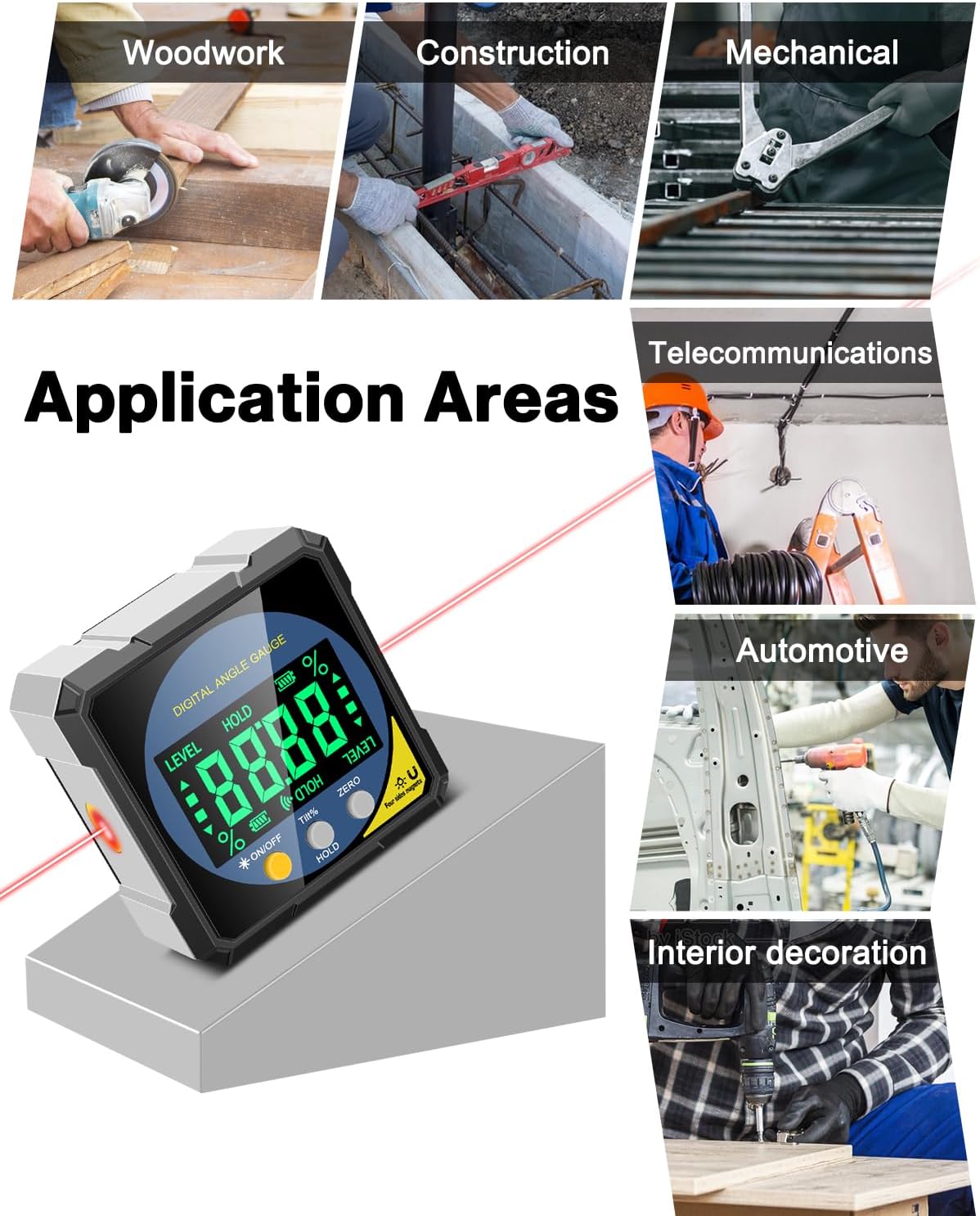 Digital Angle Finder with Electronic Laser, Protractor Inclinometer Level Ruler USB Rechargeable FairTools