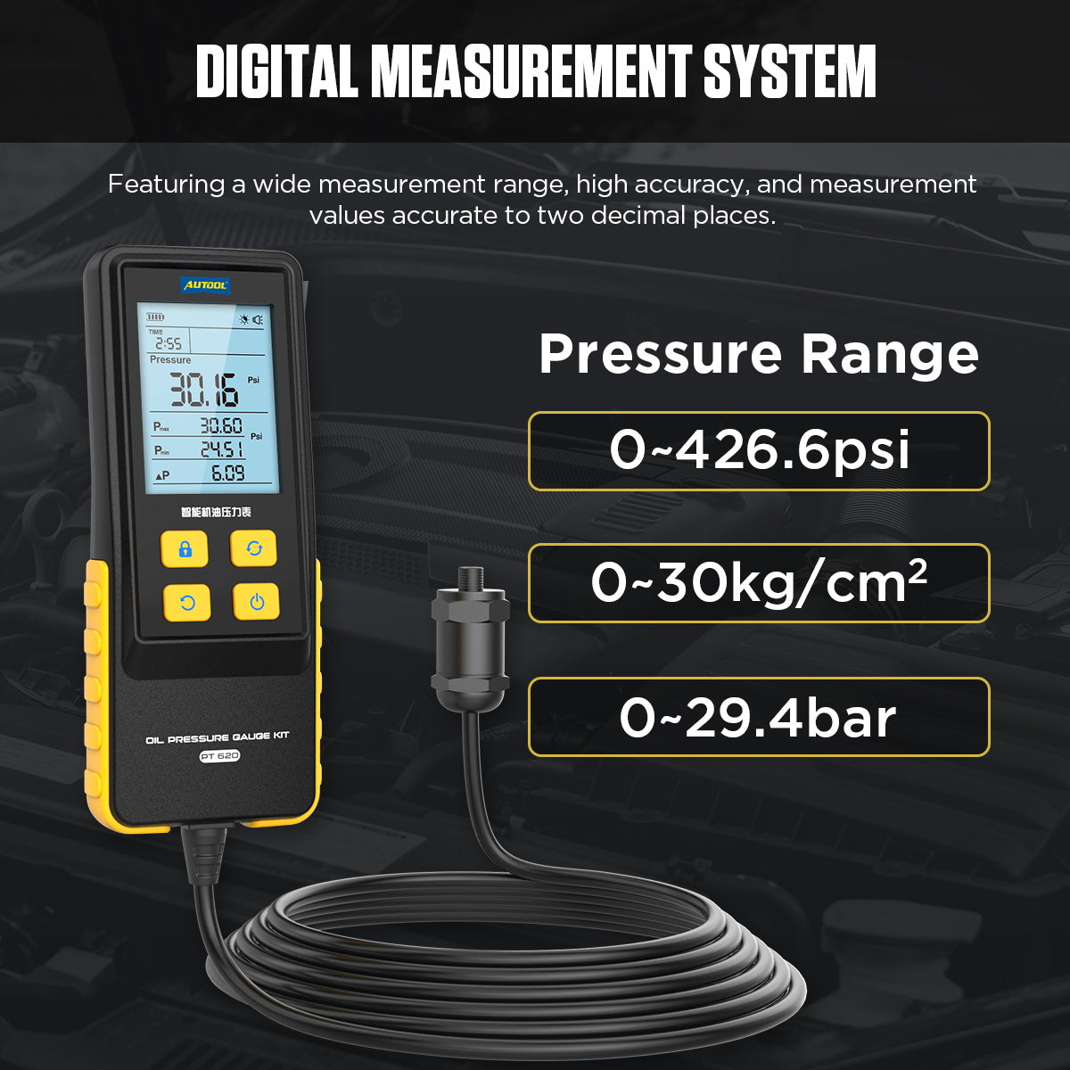AUTOOL PT620 Engine Oil Pressure Gauge 0-426 PSI Digital Display Automotive Tool for Motorcycle Car Truck Autool