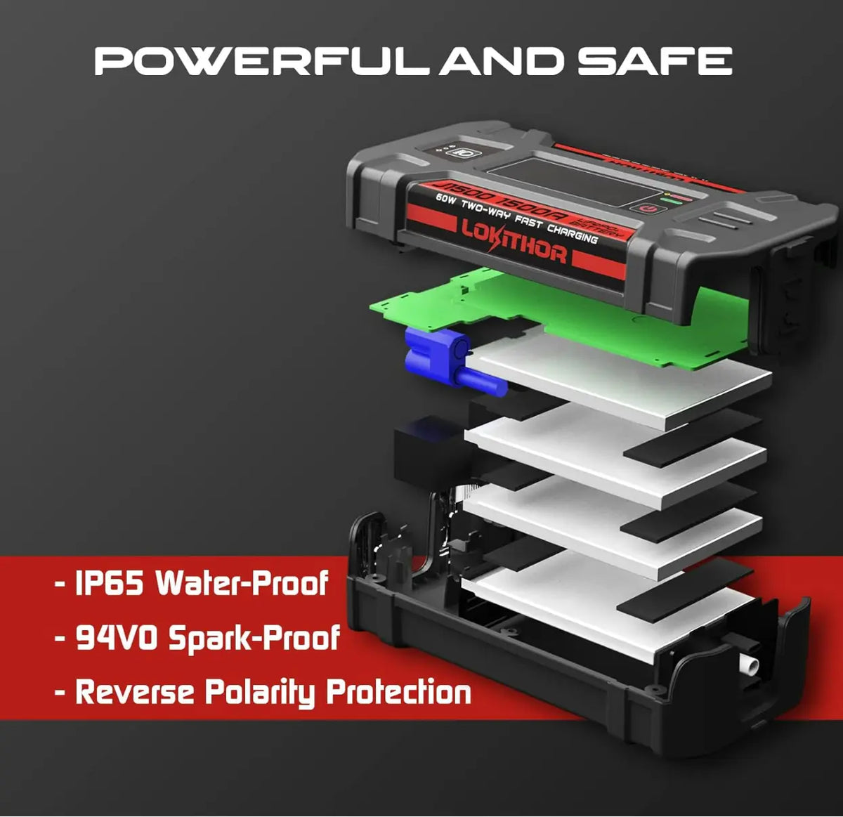 LOKITHOR J1500 Jump Starter 1500A 12V Car Starter (LiFePO4-Tech) for Upto 7L Gas and 4.5L Diesel Engines with 60W Two-Way Fast Charging, Safe and Portable Battery Booster Pack FairTools