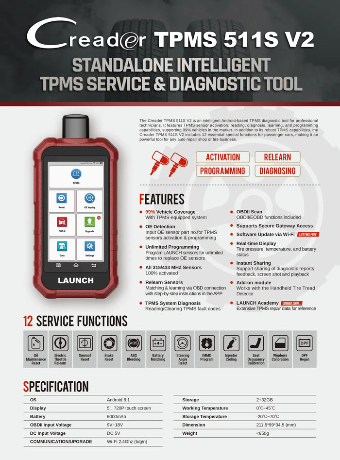 Launch Creader TPMS 511S V2 Relearn Programming Diagnostic Tool Launch